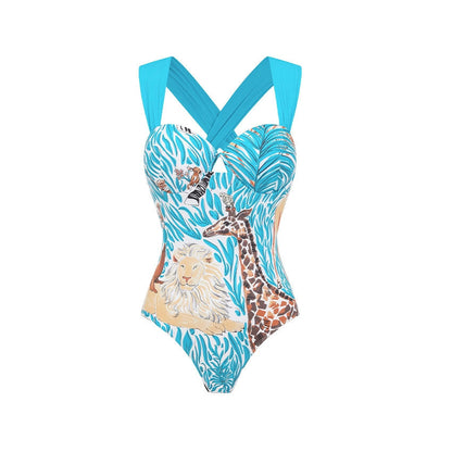 Swimsuit Blue Color Animal Print One Piece Swimsuit Women Long Skirt Two Piece Set