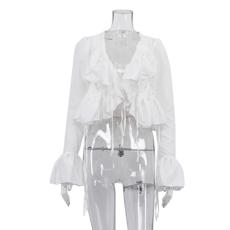 Women Clothing Spring Ruffled Flare Sleeve Tie Neck Top All Matching Shirt