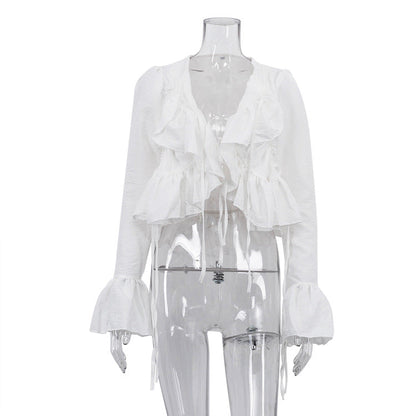 Women Clothing Spring Ruffled Flare Sleeve Tie Neck Top All Matching Shirt