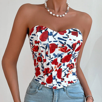 Sexy Low Cut Backless Floral Wrapped Chest Rhombus Boning Corset Waist Vest