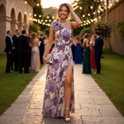 Summer Slim Fit Slimming Waist Slant Shoulder Floral Print Slit Maxi Dress