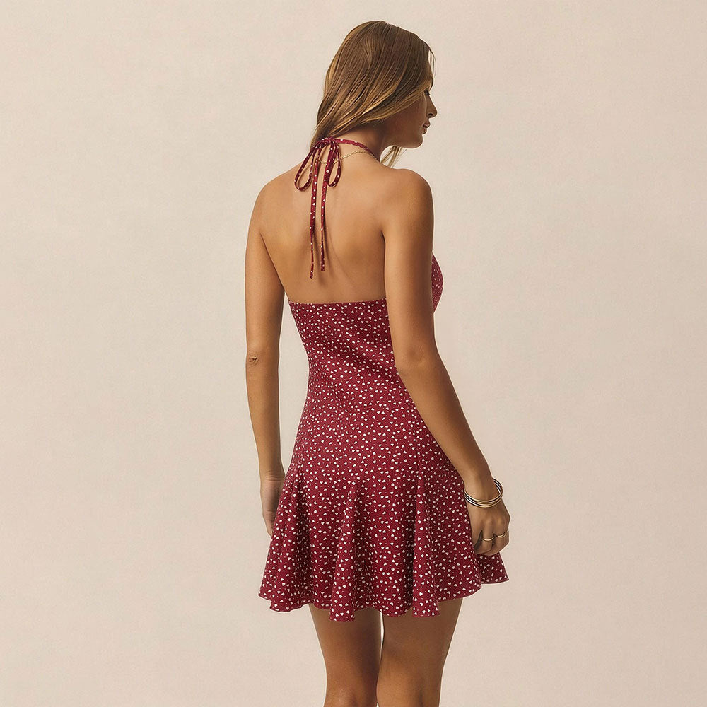 Summer Wine Red Polka Dot Floral Dress Waist Trimming Ruffles Short Dress