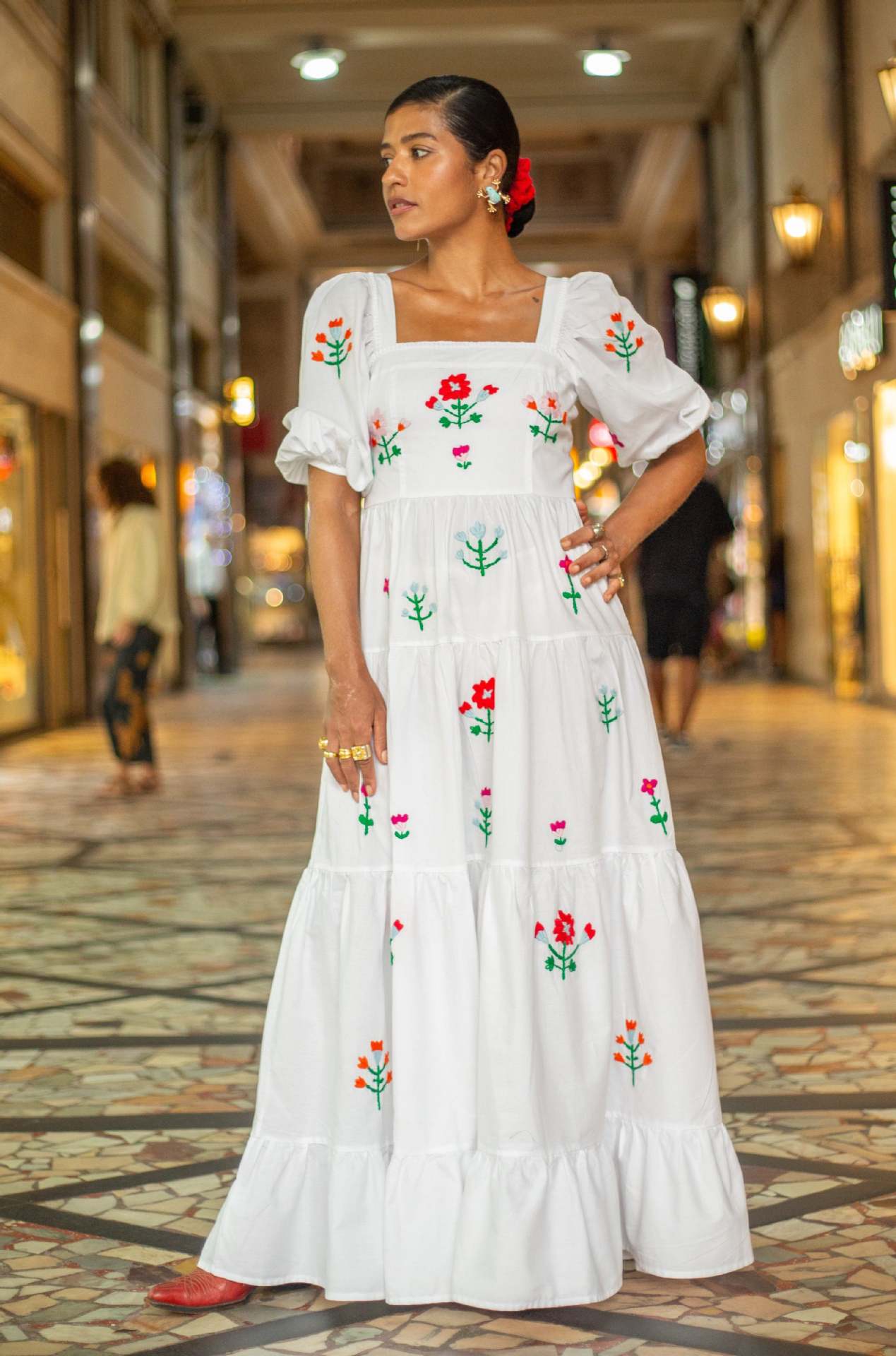 Autumn Puff Sleeve Embroidered Square Collar Swing Maxi Dress Beach Holiday Dress Women