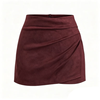 Autumn Winter Women Clothing Heap Pleated Suede Pantskirt High Waist Zipper Casual Short Pantskirt Women