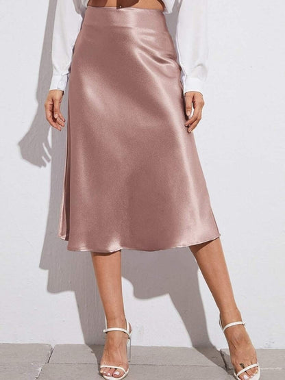 High Waist Satin Skirt Autumn Winter Women Midi Skirt Zipper Satin Skirt
