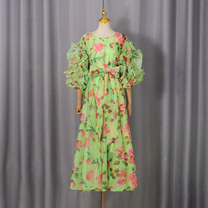 Retro Romantic Palace Rose Print Dress for Women round Neck Design Puff Sleeve Dress