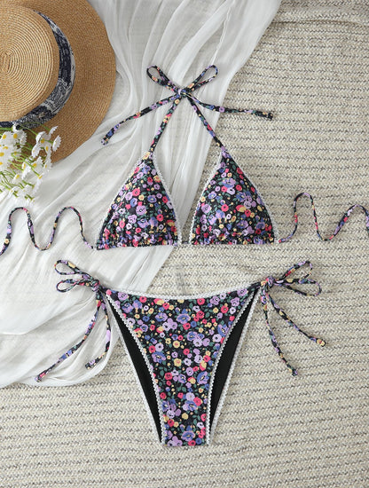 French Floral Sexy Lace up Bikini Swimsuit