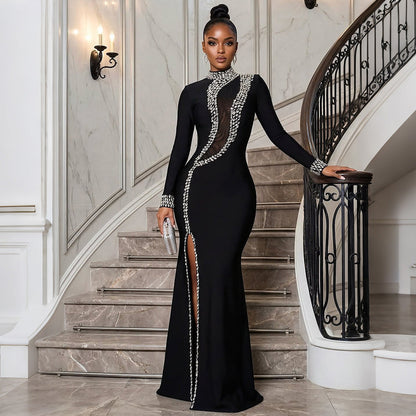 Women Clothing High Collar Long-Sleeved Dress Split Rhinestone Dress