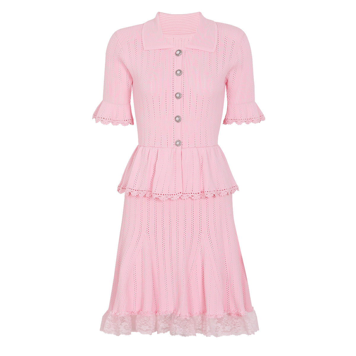 Summer Celebrity Internet Slim Fitting Slimming Fashionable Short Sleeve Collared Lace Dress