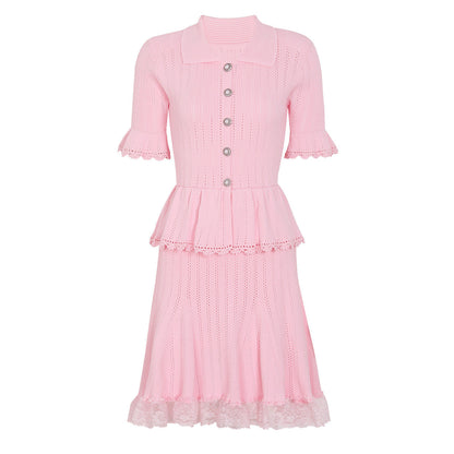 Summer Celebrity Internet Slim Fitting Slimming Fashionable Short Sleeve Collared Lace Dress