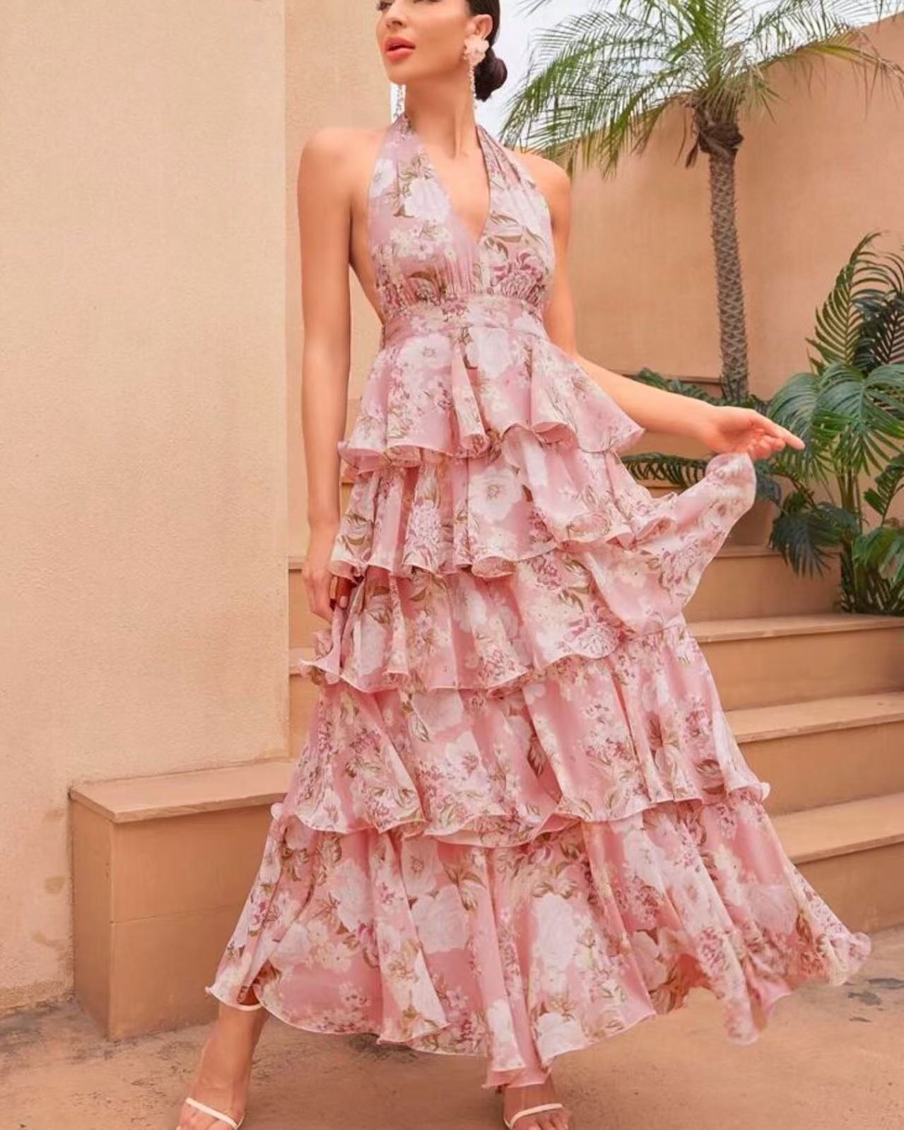 Spring Women Clothing Dress Sexy V neck Sling Multi Layer Printing Dress