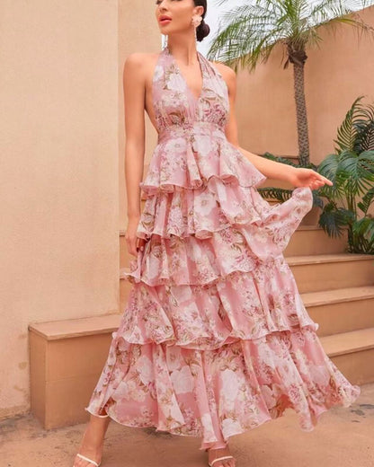 Spring Women Clothing Dress Sexy V neck Sling Multi Layer Printing Dress
