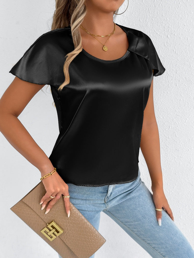 Women Clothing Satin Summer T shirt Short Sleeve High End Satin Artificial Silk Top
