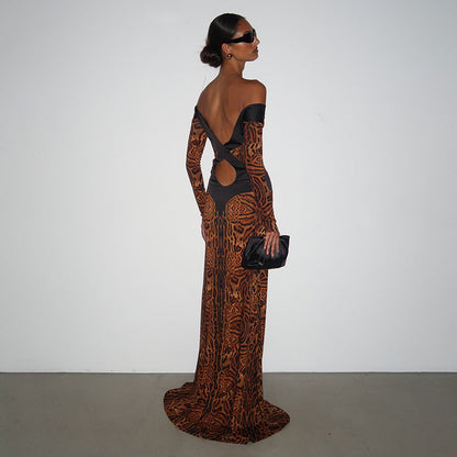 Fall Women Clothing Sexy off the Shoulder Hollow Out Cutout Backless Leopard Print Slim Fit Long Sleeved Dress