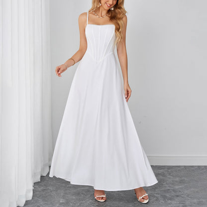 Summer Cami Dress Sexy Backless Lace up Waist Slimming Boning Corset Maxi Dress