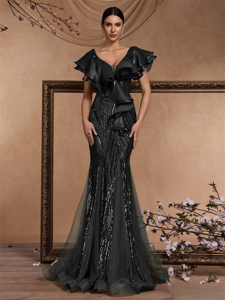 Elegant Ruffle Sleeve Sequin Elegant Cocktail Party Dinner Dress Backless Luxury Fishtail Graduation Evening