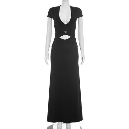 Women Clothing Autumn Solid Color Casual Short Sleeve Hollow Out Cutout Out Deep V Bare Cropped Slim Fit Maxi Dress