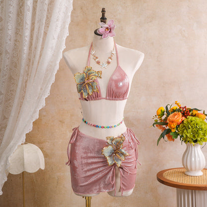 Sexy Bright Three Piece Sets Embroidered Floral Swimsuit Swimwear Bikini
