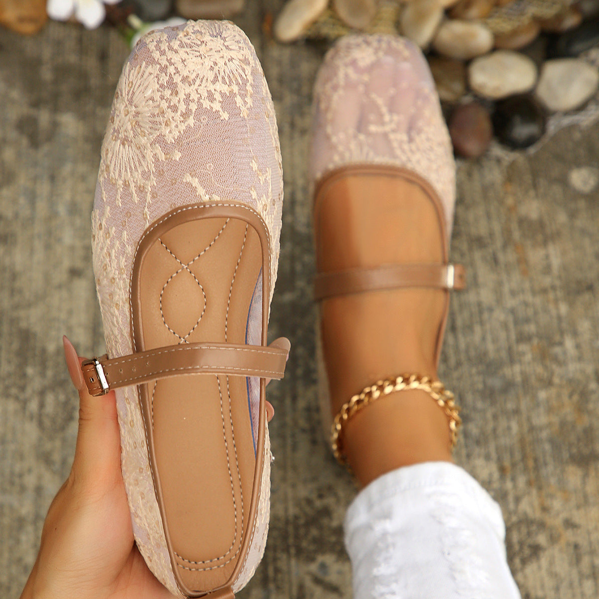 Mesh Breathable Low Top Shoes Women Vintage Mary Jane Flat Shallow Belt Buckle Loafers