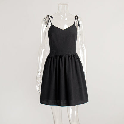 Cotton Sling Backless High Waist Short Dress Spring Summer Tie Short Dress Women