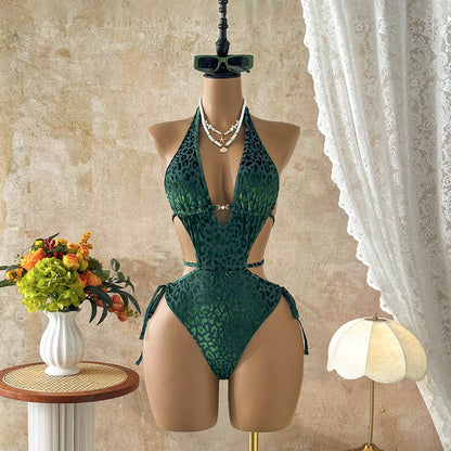 Sexy Leopard Print Lace up Cutout Swimsuit Swimsuit Bikini
