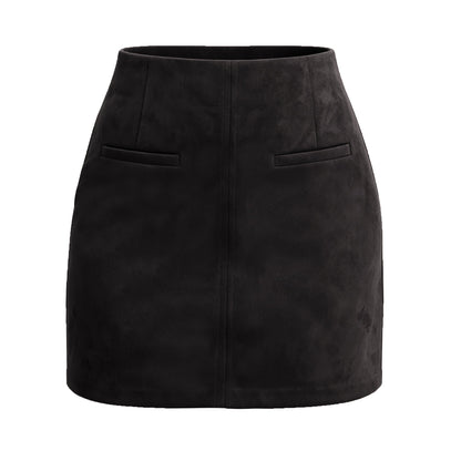 Autumn Winter Women Suede Pocket Skirt High Waist Zipper Solid Color Mini Skirt