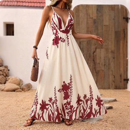 Retro Vacation Floral Print Strap Backless Large Swing Dress