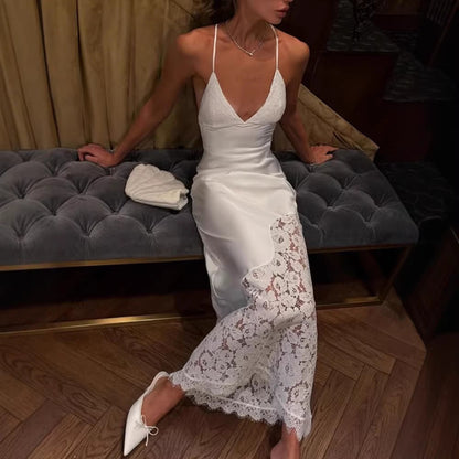 French Elegant Lace V neck Patchwork Strap Dress Hollow Out Cutout Sexy Backless Lace up Evening Dress