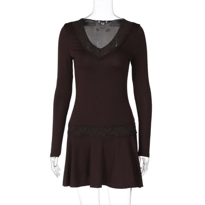 Women Clothing Summer Solid Color Long Sleeve Short Dress Lace Slim Dress