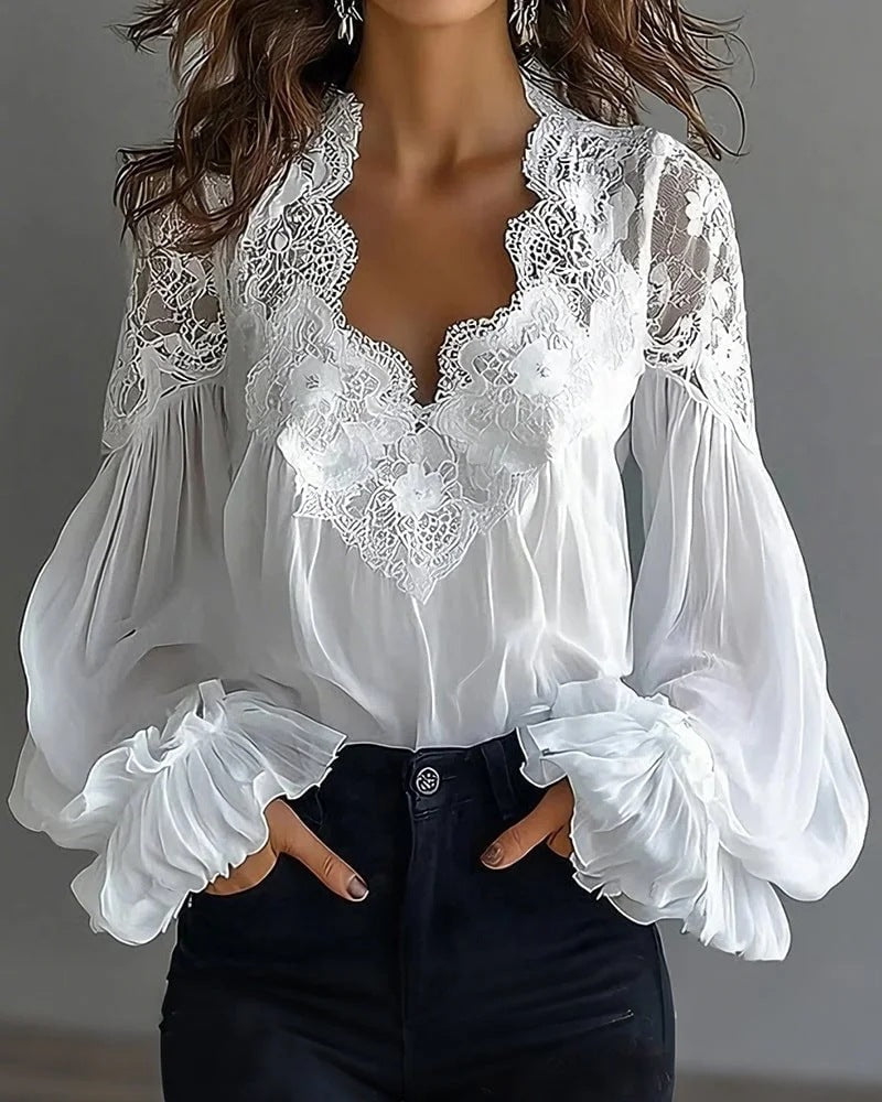 Women Lace Stitching Puff Sleeve Pleated Shirt