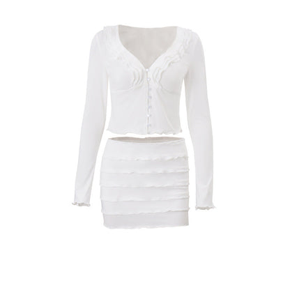 Women Clothing Fall V neck Low Cut Ruffled Hooks Cardigan Top Sheath Skirt Set