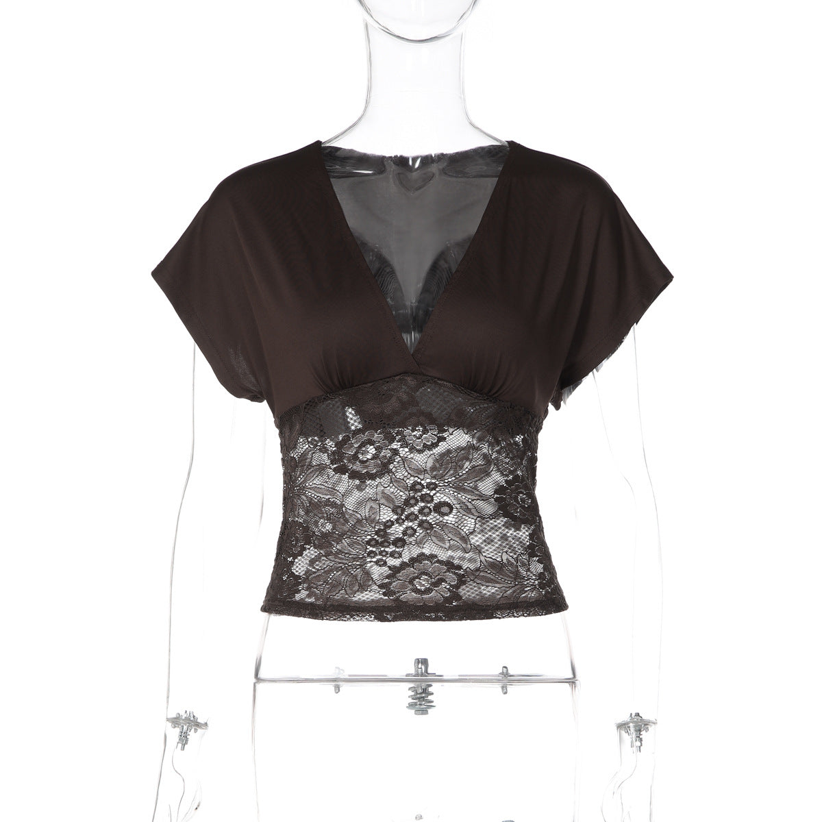 Lace Stitching Coat Summer Solid Color Short Sleeve Sexy Deep V Plunge neck Slim Fit Tank Top Women