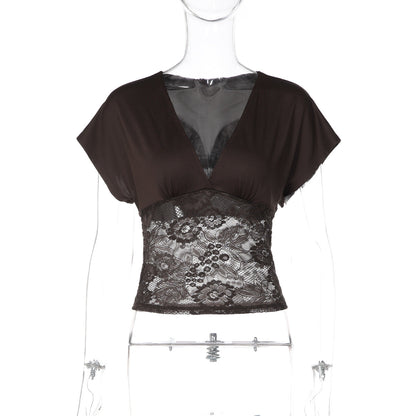 Lace Stitching Coat Summer Solid Color Short Sleeve Sexy Deep V Plunge neck Slim Fit Tank Top Women