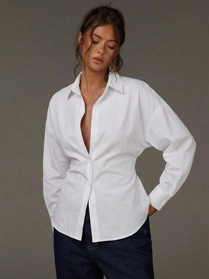 French Fitted Waist Turn down Collar V neck Cardigan off Shoulder Loose Long Sleeve Shirt