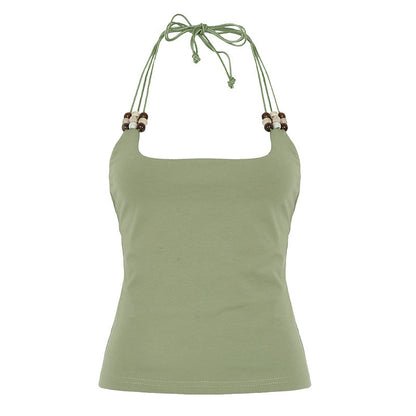 Summer Beaded Halter Lace up Vest Sexy Backless Solid Color Sports Casual Top
