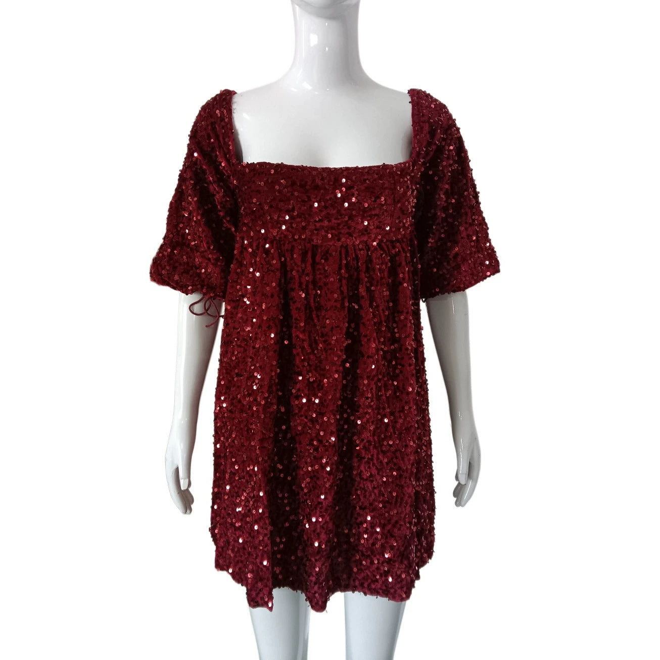 Square Collar Puff Sleeve Sequ Dress Women Birthday Party Dress High Waist A line Dress