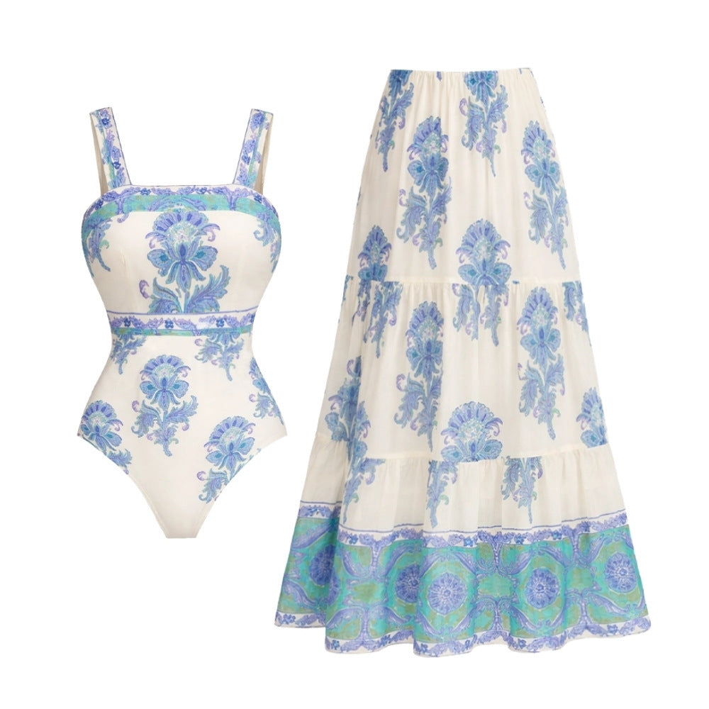 Swimsuit Fresh Blue Printed One Piece Swimsuit Set Women