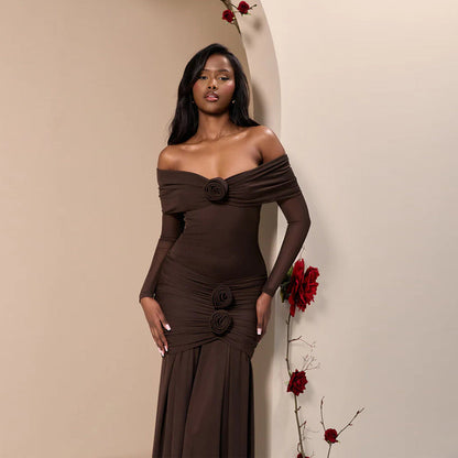 Spring Summer Sexy off The Shoulder Pleated Dress Floral Slim Fit Dress