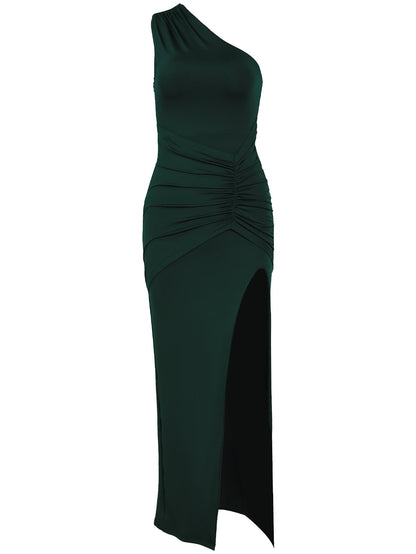 Elegant Milk Silk Sloping Shoulder Dress Sexy High Slit Slim Pleated Tight Formal Dress