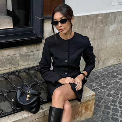 Autumn Niche Design round Neck Long Sleeve Waist Tight Slim Fit A line Dress Elegant Long Blazer for Women