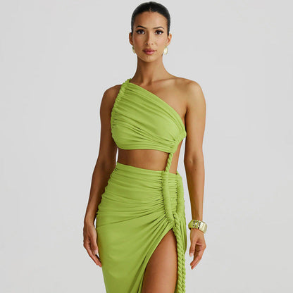 Women Clothing Spring Summer Shoulder Tube Top Backless Hollow Out Cutout Lace Pleated Dress