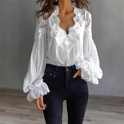 Women Lace Stitching Puff Sleeve Pleated Shirt