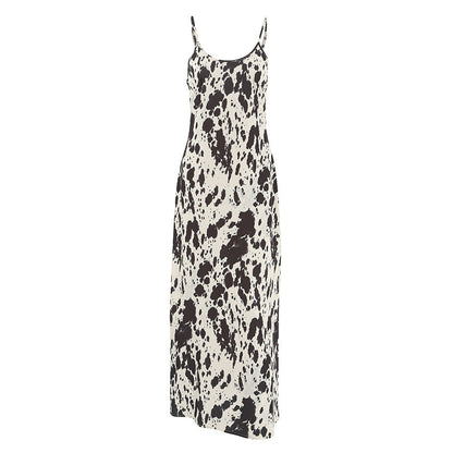 Autumn Winter Sexy Design Print Sling round Neck All Matching Ankle High Retro Party Formal Dress Women