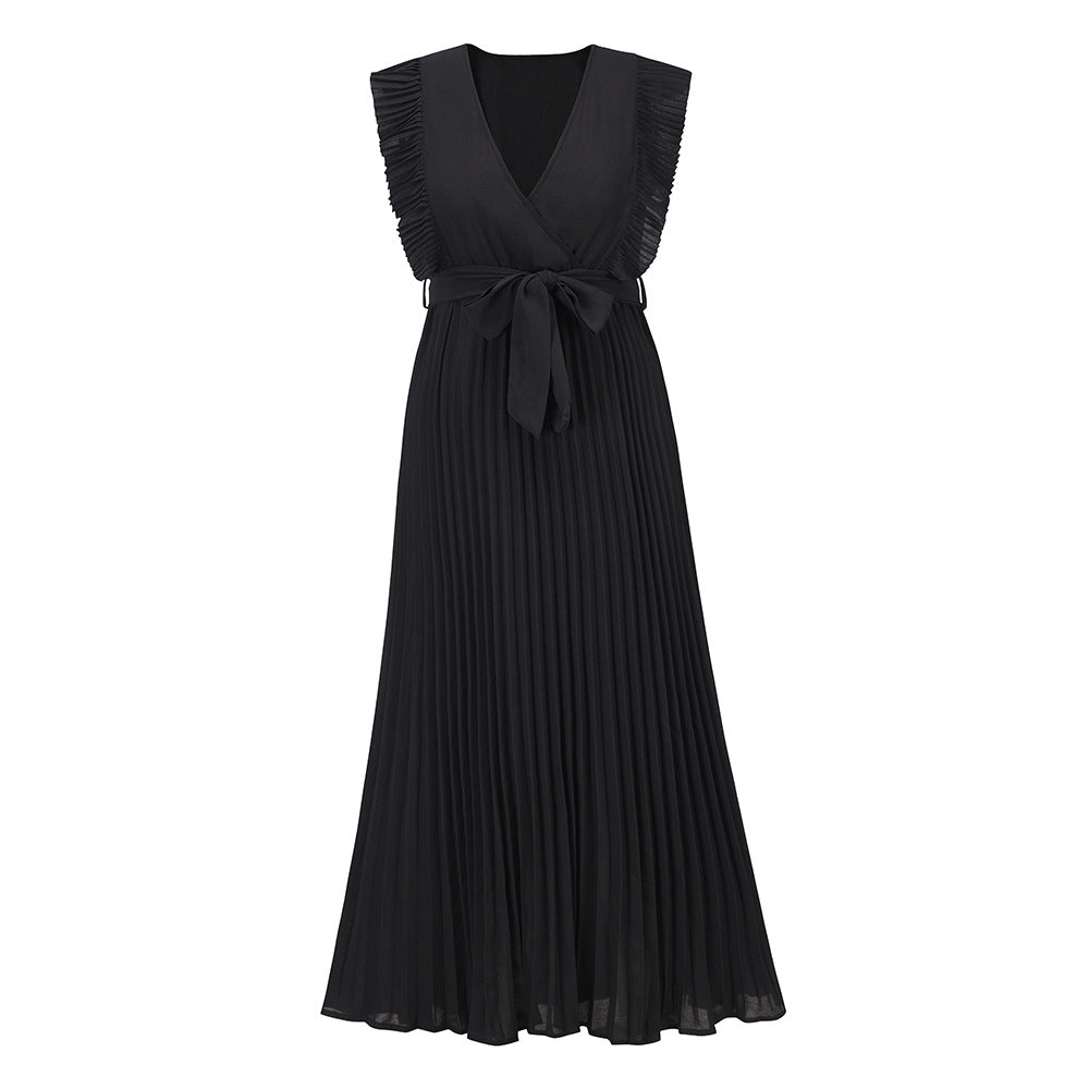 Elegant Beach Dress Fashionable Slim Fit Sexy Ruffle Sleeve Chiffon Pleated Solid Color Dress
