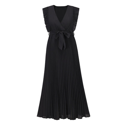 Elegant Beach Dress Fashionable Slim Fit Sexy Ruffle Sleeve Chiffon Pleated Solid Color Dress