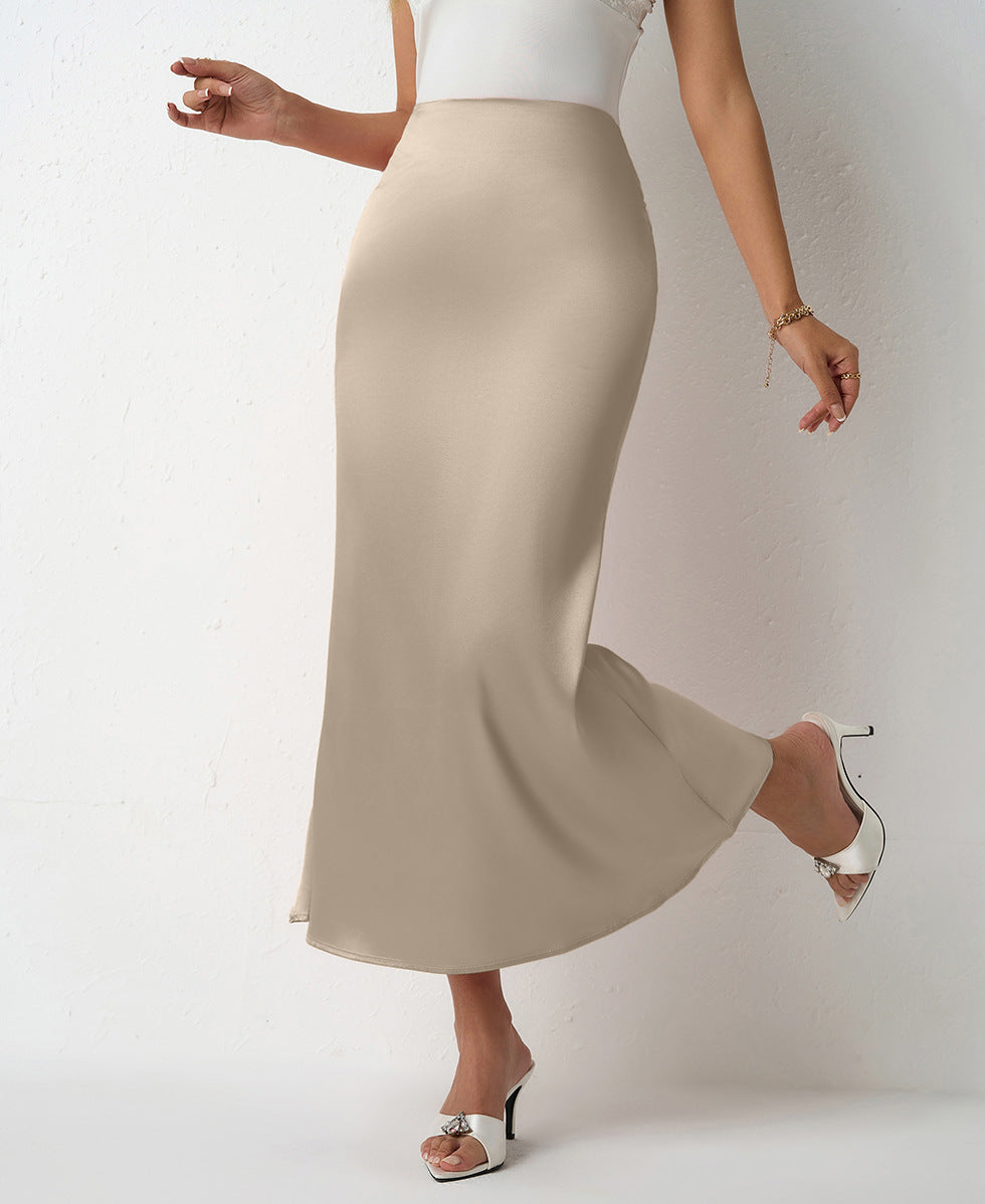Women Clothing Spring Summer Slim Satin Skirt Satin Mid Length Sheath Fishtail Skirt