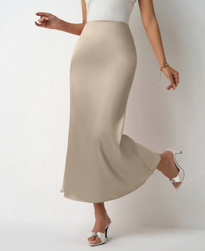 Women Clothing Spring Summer Slim Satin Skirt Satin Mid Length Sheath Fishtail Skirt