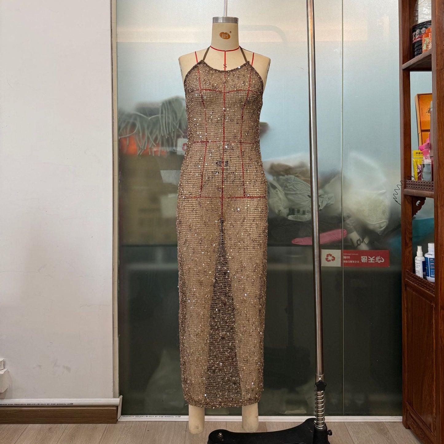 French Sequined Sexy Evening Party Slim Strap Women Micro Revealed Back Maxi Dress