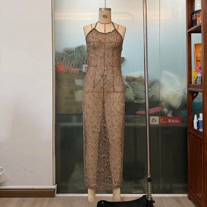 French Sequined Sexy Evening Party Slim Strap Women Micro Revealed Back Maxi Dress