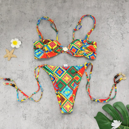 Tube Top Low Waist Three Point Bikini Sexy Backless Lace up Printed Split Swimsuit Women Bikini